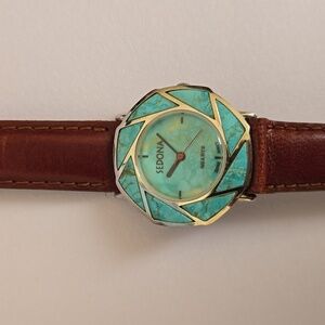 Turquoise silver and stainless steel Leather Watch